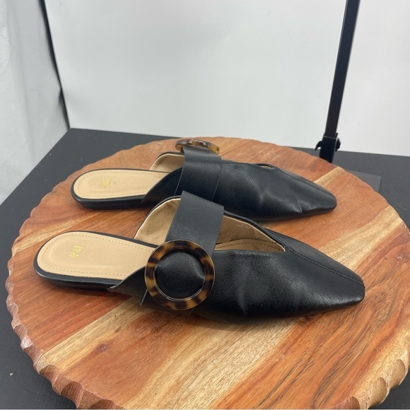 H&M Black Faux Leather Point Toe Open Vamp Tortoise Mules Flats Slides, 36 5-5.5 - Picture 1 of 6